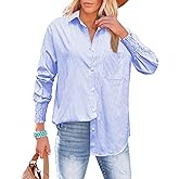 OMSJ Women’s Striped Button Down Shirts Smocked Cuffed Sleeve Stylish Collared Office Work Blouses with Pocket