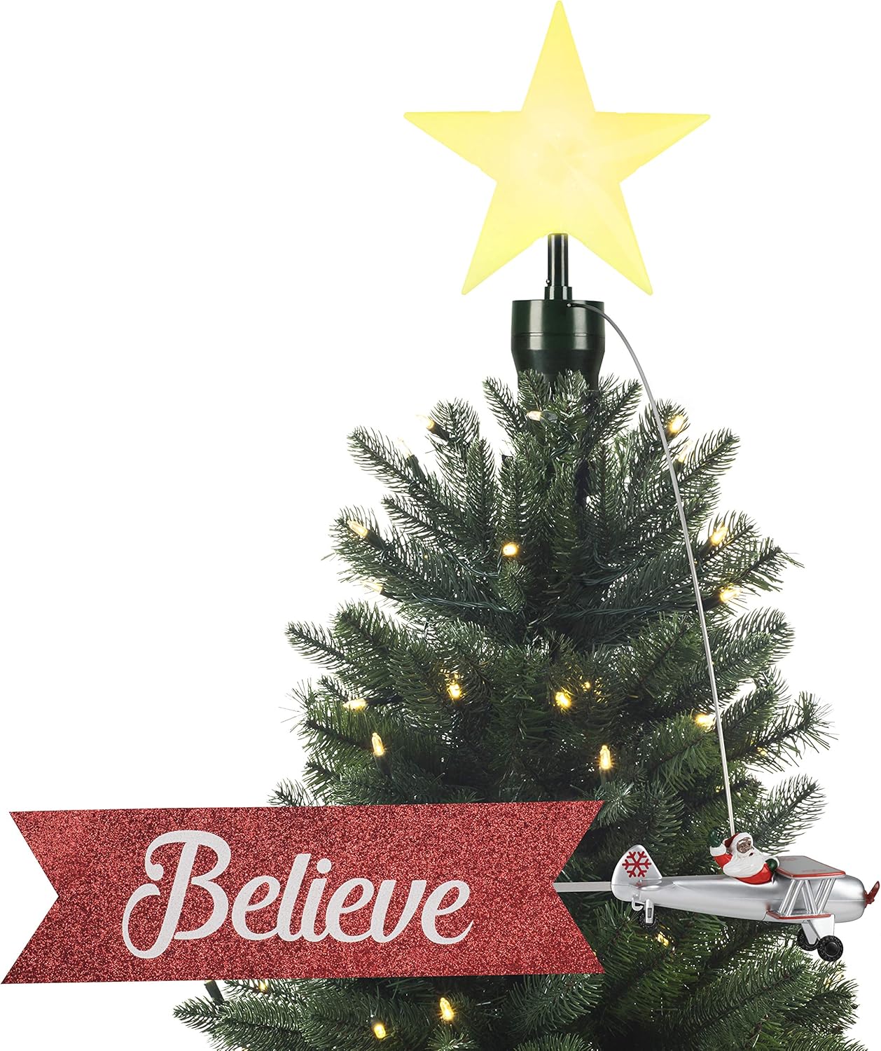 Tree Toppers - Mr. Christmas Animated Tree Topper-African American Santa Biplane Christmas Decoration, Multi