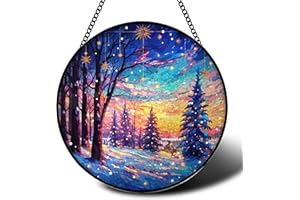 ERMCDFHC Stained Glass Window Hanging, Starry Winter Forest Scene Round Sun Catchers Glass Panel Suncatcher Decor for Home, 7.8Inch. (009)