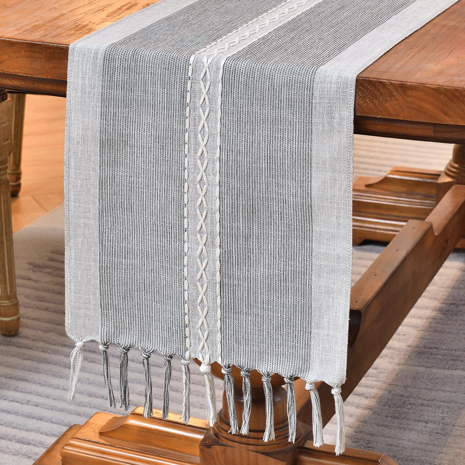Wracra Embroidery Cotton Linen Table Runner Indoor Outdoor Farmhouse Style Grey Table Runner 90cm with Hand-tassels for Party Dining Kitchen Decorations(Grey, 90cm) — image 1