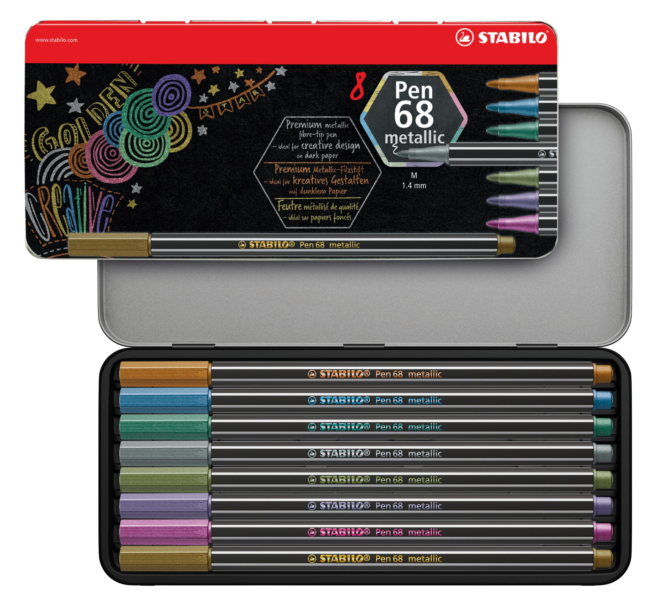 STABILO Metallic Premium Felt Tip Pen Pen 68 metallic - Metal case of 8 - Assorted colours