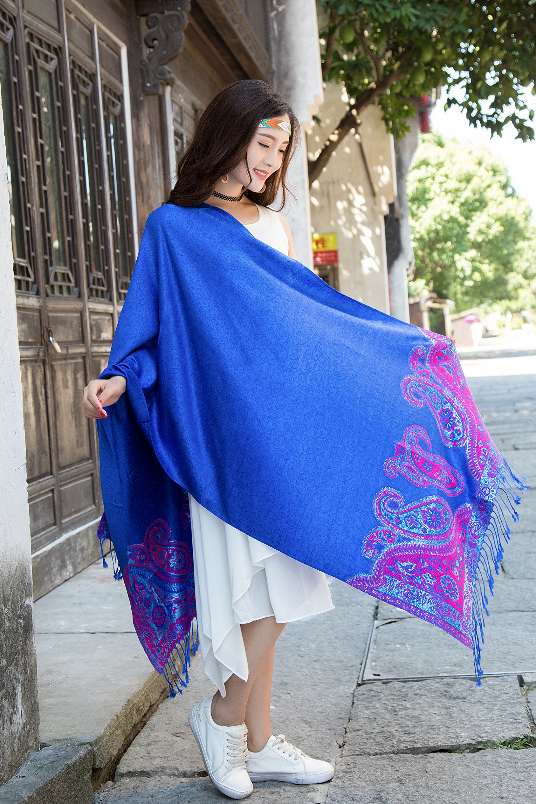 WeBizarre Women Paisley Pashmina Shawl – Soft Cotton Flax Tassel Scarf with Embroidery – Sun proof Beach Head Scarf and Wraps (blue)