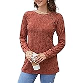 ENMAIN Long Sleeve Shirt for Women - Thin Layering Tops for Fall Button Decor Tunics Crew Neck Blouse Split Hem