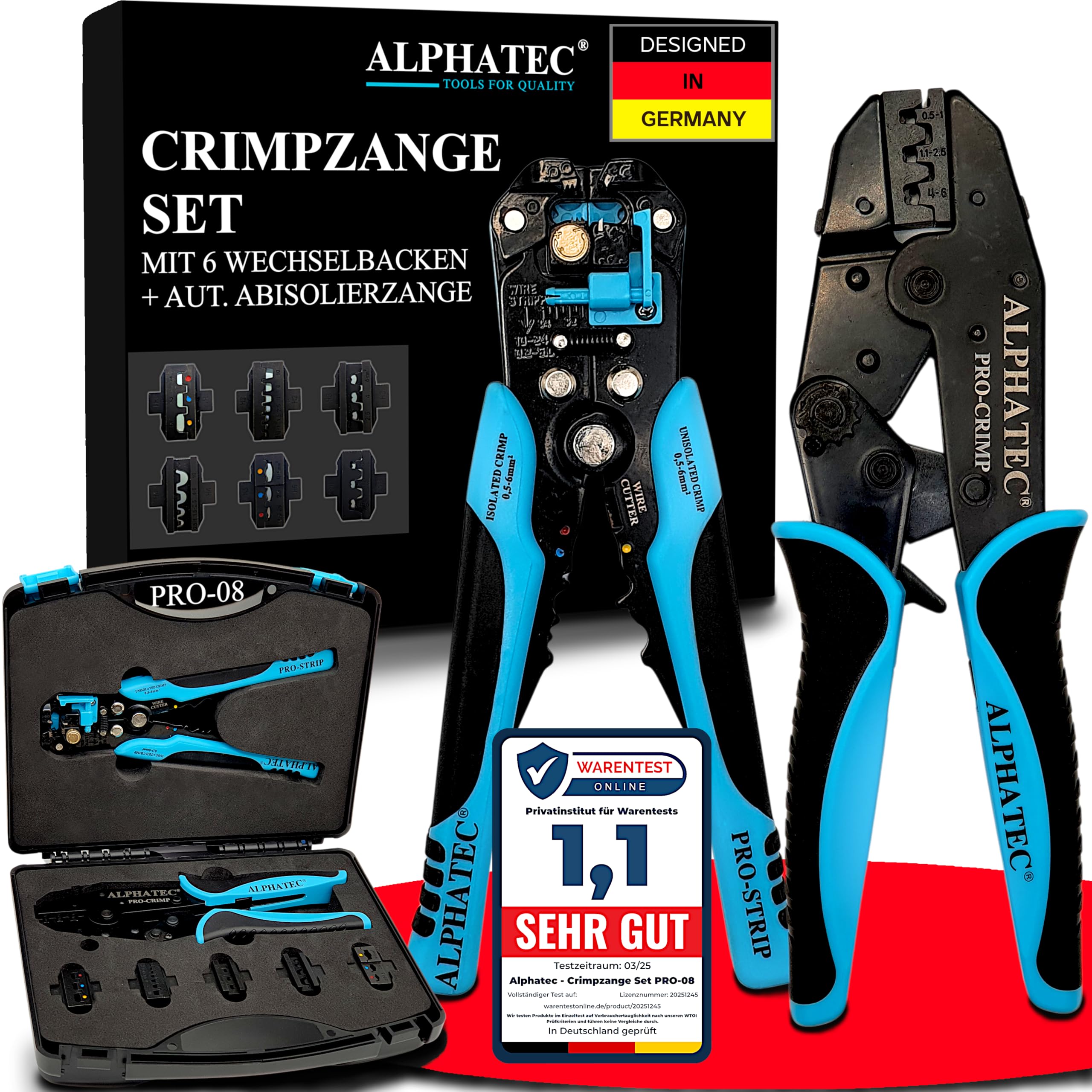 ALPHATEC® Crimpzange Set mit Wechselbacken inkl. automatische Abisolierzange - [0,25-10mm²] - Crimpzange Kabelschuhe, Aderendhülsenzange, Flachstecker, MC4 Zange PV Solar - Krimpzangenset 8-teilig