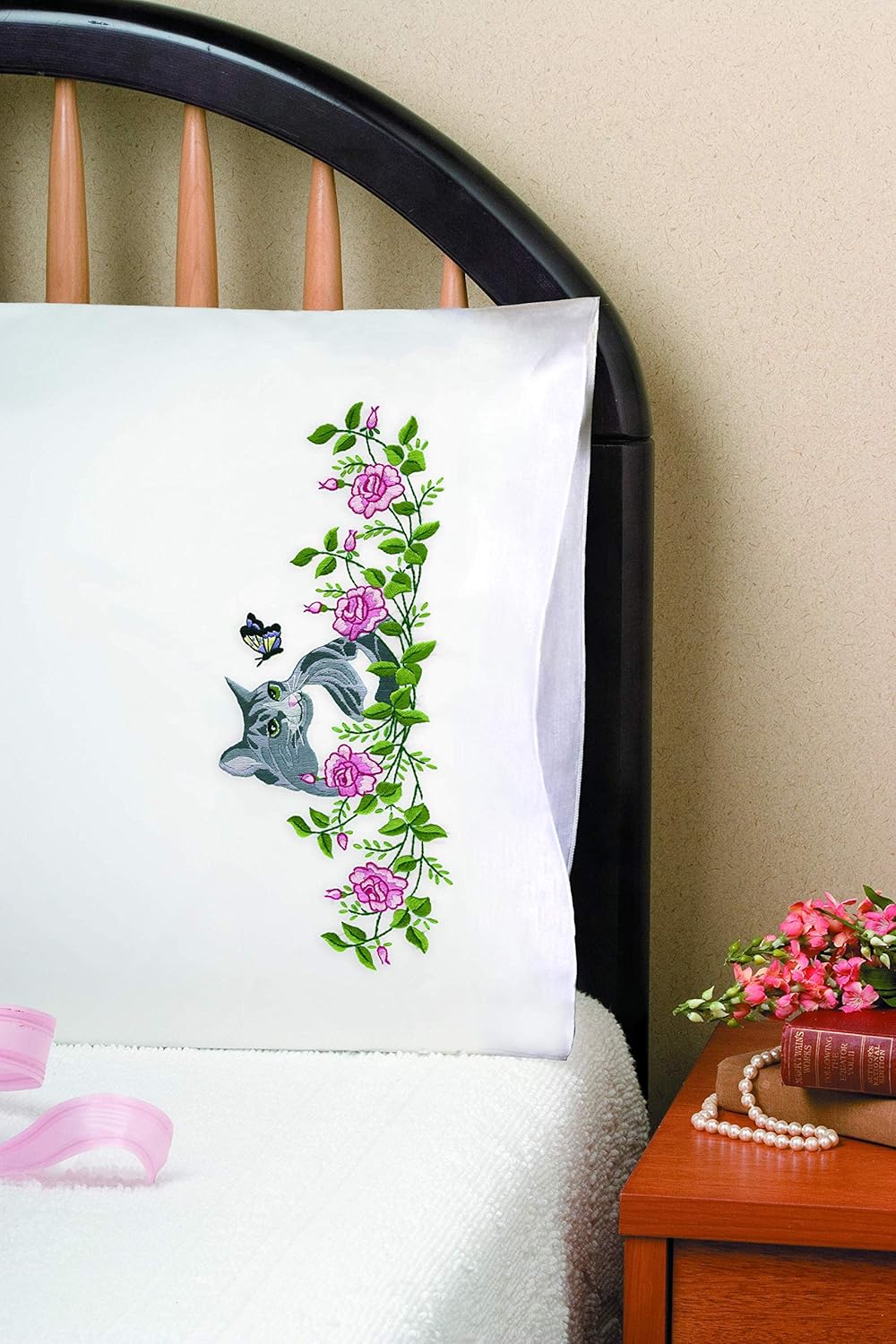 Tobin Stamped Pillowcase Pair Cross Stitch Kit for Embroidery, 20 by 30Inch, Grey Cat Amazon