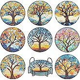 LWZAYS 8 PCS Tree of Life Diamond Art Coasters Kits with Holder, DIY Tree of Life Coasters for Adults, Diamond Art Kit Full Drill Rhinestone Art Craft Supplies 4X4 Inch
