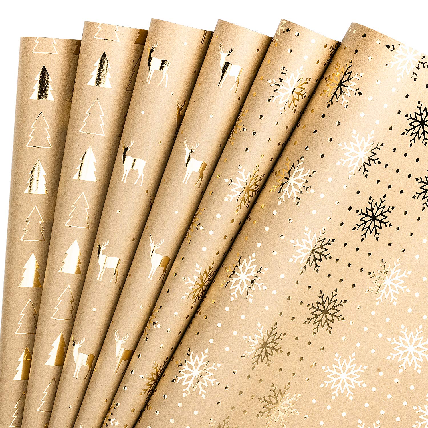 RUSPEPA Wrapping Paper Sheets Kraft Paper - Christmas Tree and Reindeer Design Gold Foil - 44.5 x 76 cm Each Sheet, Total of 6 Sheets Packed in 1 roll