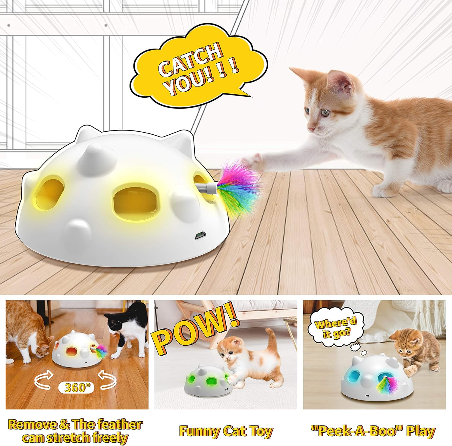 2020 Newest Pop and Play Interactive Cat Toy, Low Noise Robotic Cat Toy with 900mAh Rechargeable Battery&Auto Shut-Off, 3 Adjustable Speed, Electronic Cat Toys for Indoor Cats, Includes 4 Accessories : Pet Supplies