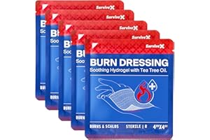 SurviveX Hydrogel Burn Dressings with Tea Tree Oil - 4x4" Sterile Non-Stick Burn Pads - Emergency First Aid for Instant Cooling, Soothing & Relief - 5 Pack