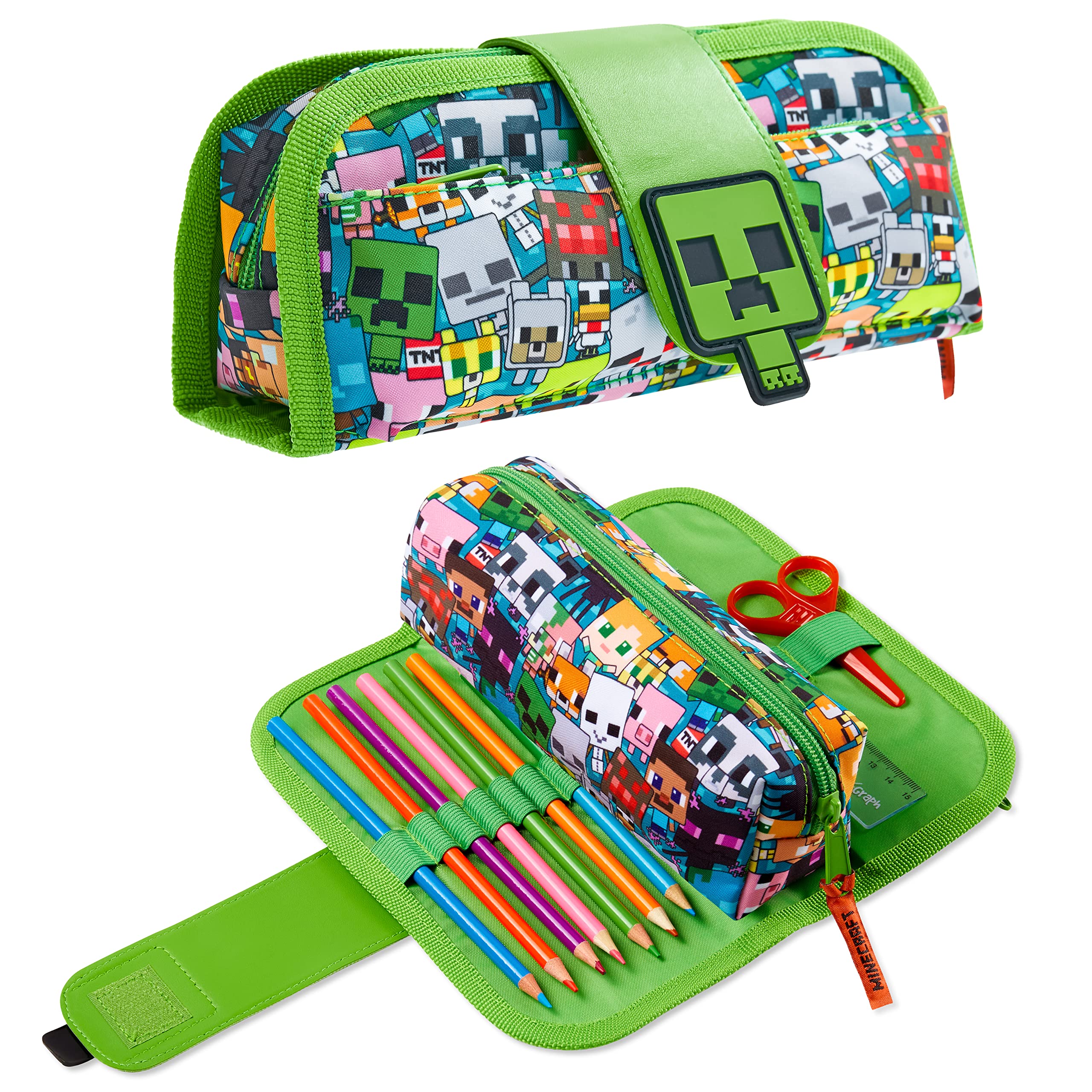 Minecraft Pencil Case for Kids Teens Creeper Stationery Supplies Zipped Pen Case with Compartments and Detachable Pen Pouch for School Travel Homework
