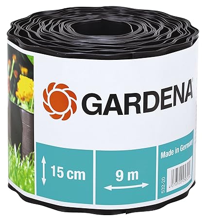 GARDENA Raseneinfassung 15 cm hoch: Ideale Rasen-Abgrenzung, auch für Beete, 9 m, verhindert Wurzelausbreitung, Kunststoff, b