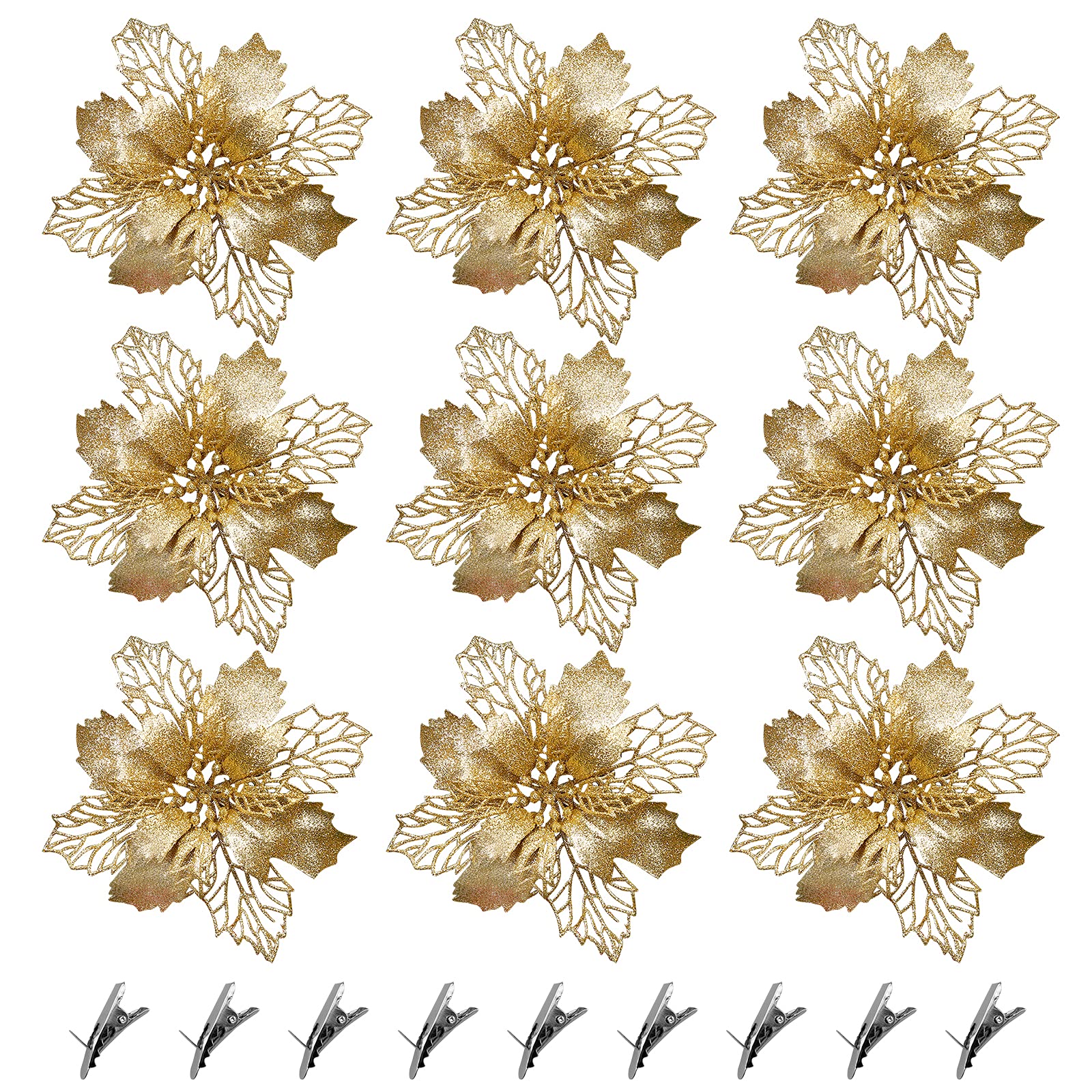 9 Pcs Christmas Glitter Flowers,Christmas Artificial Poinsettia Flowers with 9 Pcs Clips,Gold Flowers for Xmas Tree Wreaths Wedding Party Ornaments Decoration Crafts Accessories,Champagne Flowers