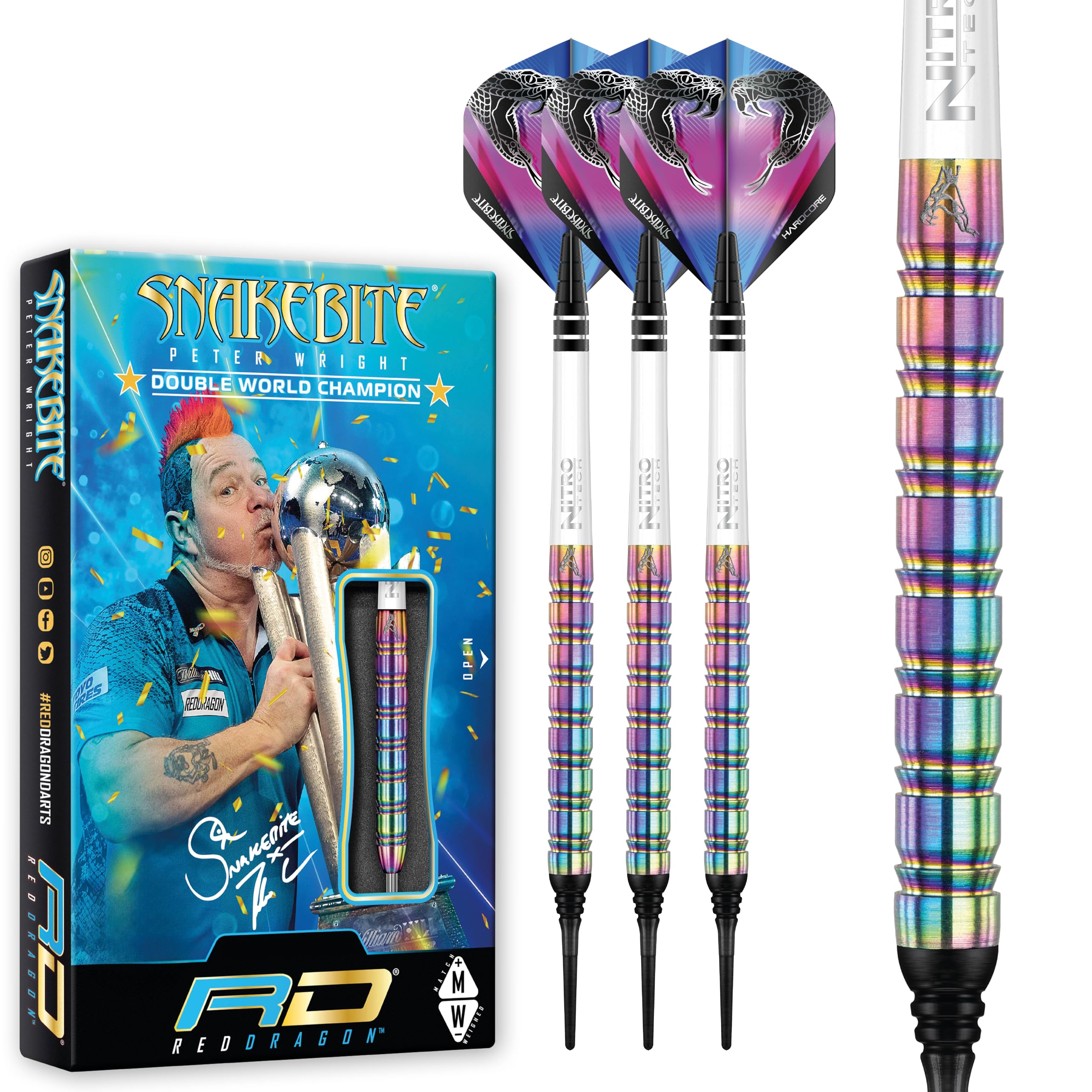 RED DRAGON Darts – Peter Wright Snakebite 1 Series 16g Barrel / 18g Full Weight – Professional 85% Tungsten Soft Tip Darts Set with Dart Flights and Shafts