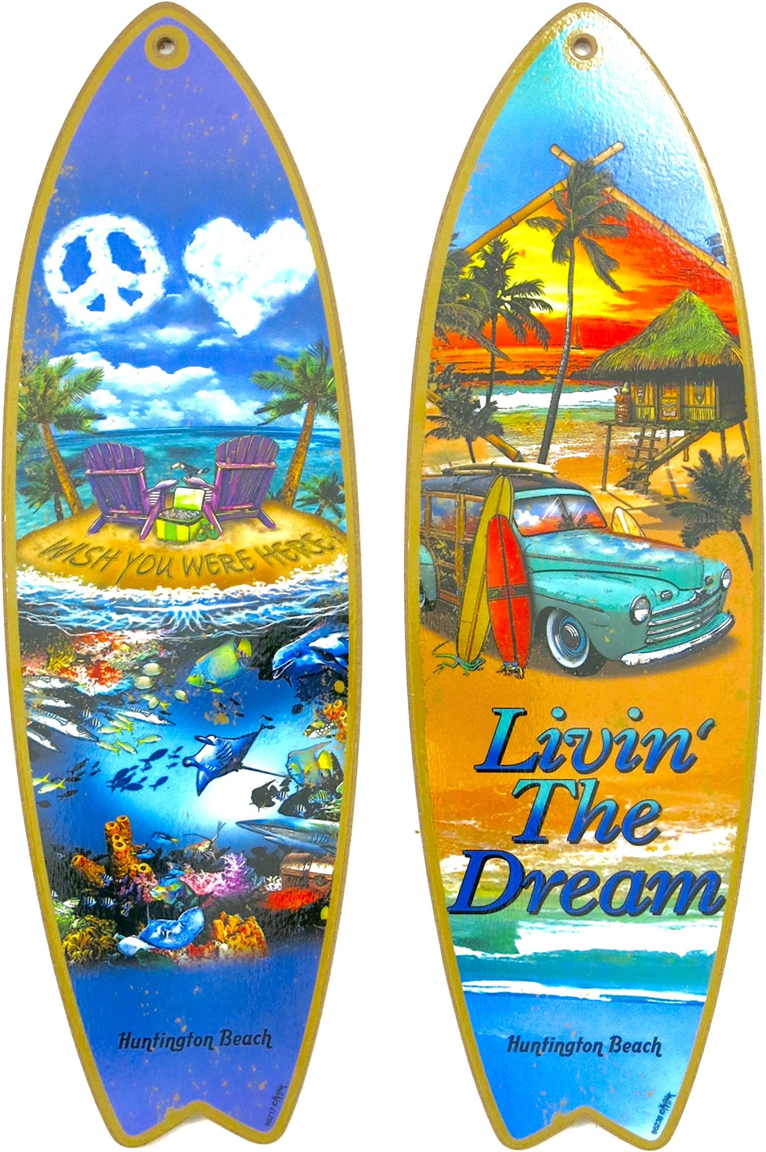 Huntington Beach, surf Board, Livin's The Dream, and Wish You were here, Souvenir Wood Wall Decor, Size 5" x 16", Set of 2, 3go