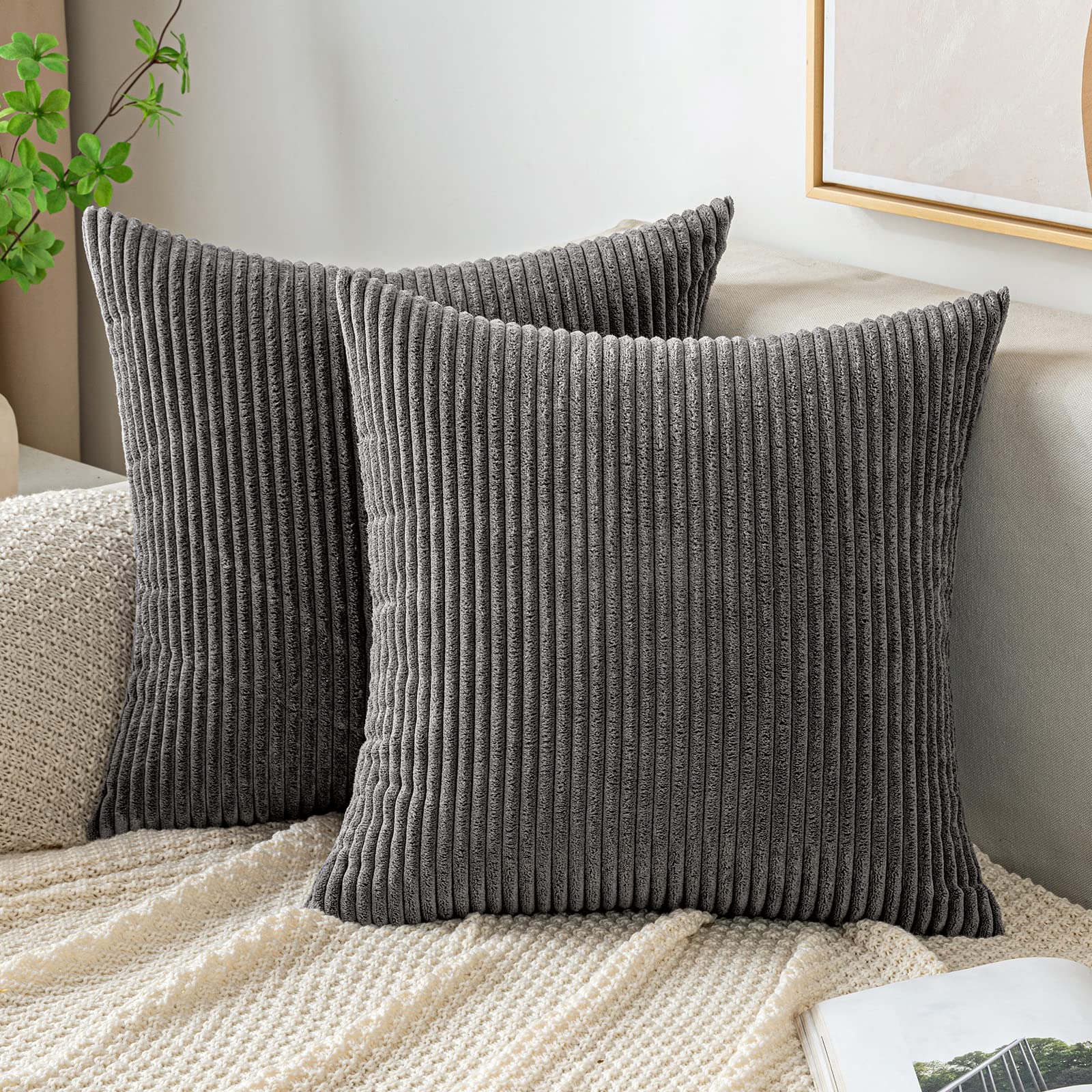 EMEMA Cushion Covers Corduroy Square Throw Pillow Covers Striped Soft Sham Home for Sofa Couch Bedroom Decorative Pillowcases 16x16 Inch 40x40cm Set of 2 Grey