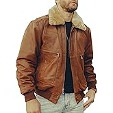 FLAVOR Men's Real Leather Bomber Jacket with Removable Fur Collar Aviator