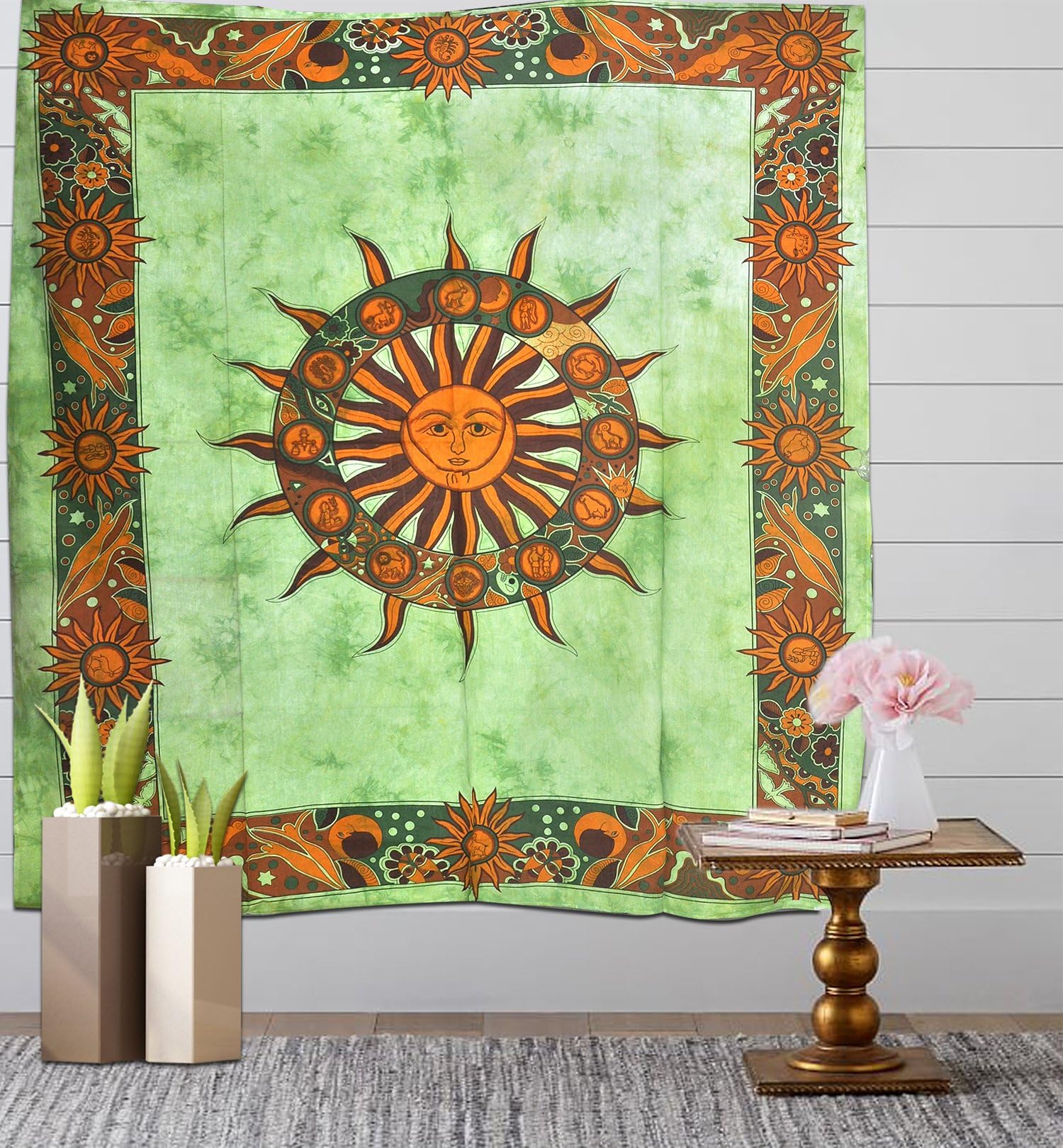 Divya Print Indian Handmade Ethnic Mandala Wall Hanging hippie 100% Cotton Sun Moon Astrology Bohemian Psychedelic Zodiac Wall hanging Bedding Mandala Tapestry Queen Green 90”X84” Inch Approx
