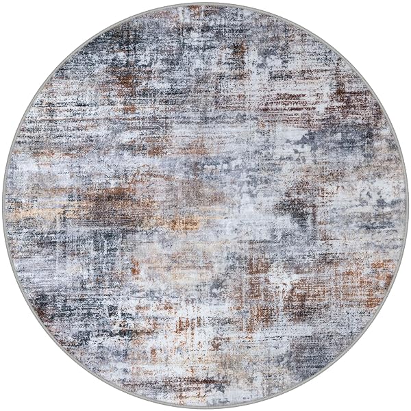 IOHOUZE ABSTRACT ROUND AREA RUG 8 FT WASHABLE CIRCLE RUGS LARGE ROUND RUG NON SLIP THIN SOFT CIRCLE RUGS, PRINTED FAUX WOOL FLOOR CARPET FOR BEDROOM LIVING ROOM DINING ROOM NURSERY, ORANGE GREY