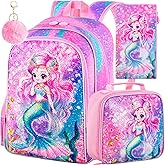 KLFVB 3PCS Unicorn Mermaid Backpack for Girls, 16" Sequin Kids Bookbag and Lunch Box, Preschool Backpacks for Elementary