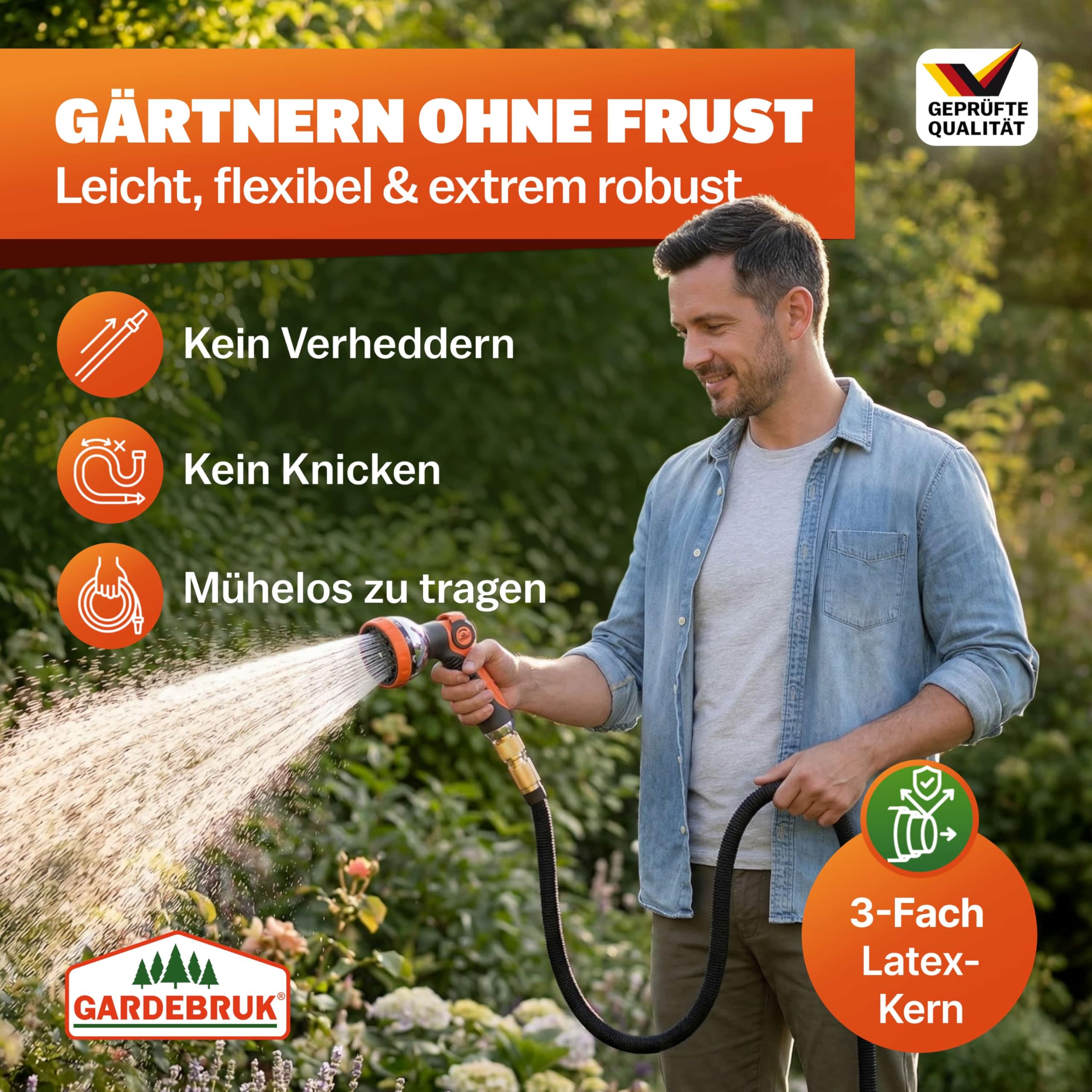 GARDEBRUK® Flexibler Gartenschlauch 30m 3fach Latexkern Vollmessing Adapter 1/2' 3/4' Zoll Wandhalterung Tasche Flexschlauch Wasserschlauch Schwarz 2