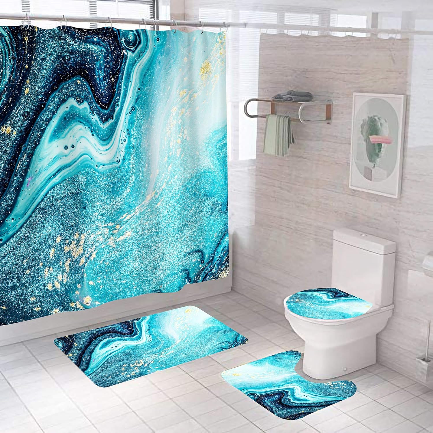 4 Pcs Marble Texture Shower Curtain Set with NonSlip Rugs, Toilet Lid