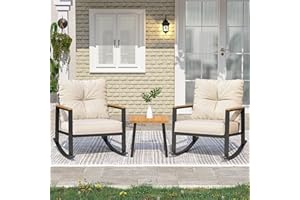 COMLAX FIELD 3 Pieces Rocking Bistro Set, Outdoor Patio Furniture Set with Thick Cushions and Coffee Table, Patio Conversation Sets for Garden, Balcony, Backyard, Beige