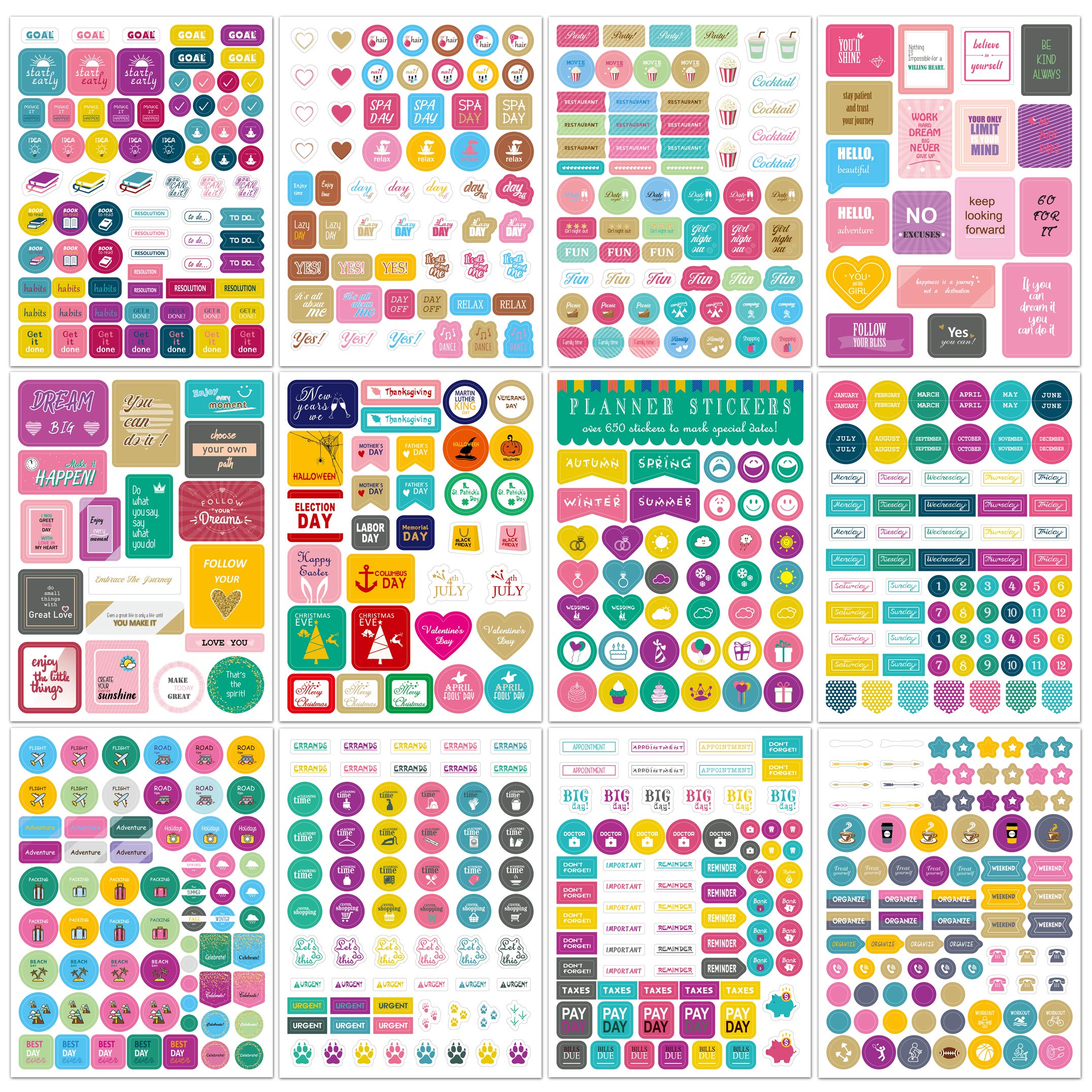 Planner Stickers Set,12 Sheets Variety Mini Icons Daily Planning Stickers Monthly and Weekly Life Tabs Budget Planner Essentials Stickers for DIY Calendar Bullet Journal Scrapbook and Agendas(#A)