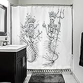 Flash Flood Mermaid Shower Curtain for Gothic Bathroom Decor- Gothic Shower Curtain for Mermaid Bathroom Decor - Water Resistant, Anti-Rust Metal Grommets, 12 Metal Hooks - Black & White Tasseled