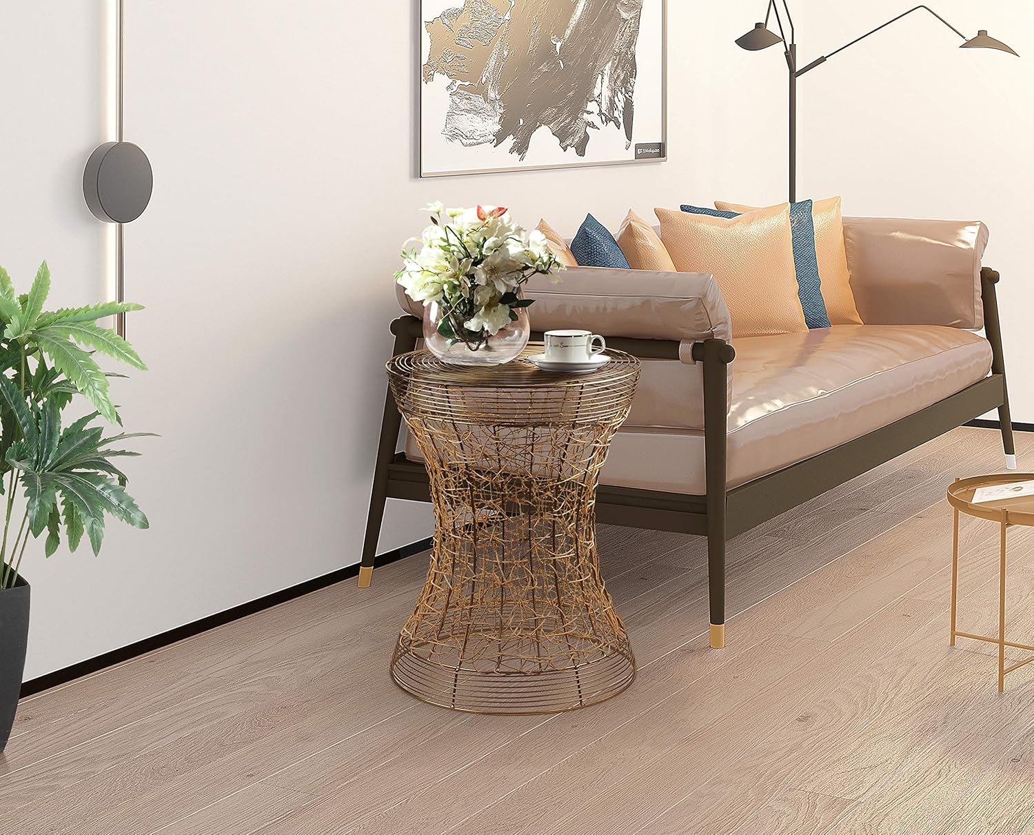FINECASA Metal Side Table, Handwoven Accent Metal Frame Table 16.5X16.5X20.75 Inches,Accent Tables for Small Spaces，End Tables Bedroom with Rattan Twining,Gold: Kitchen & Dining