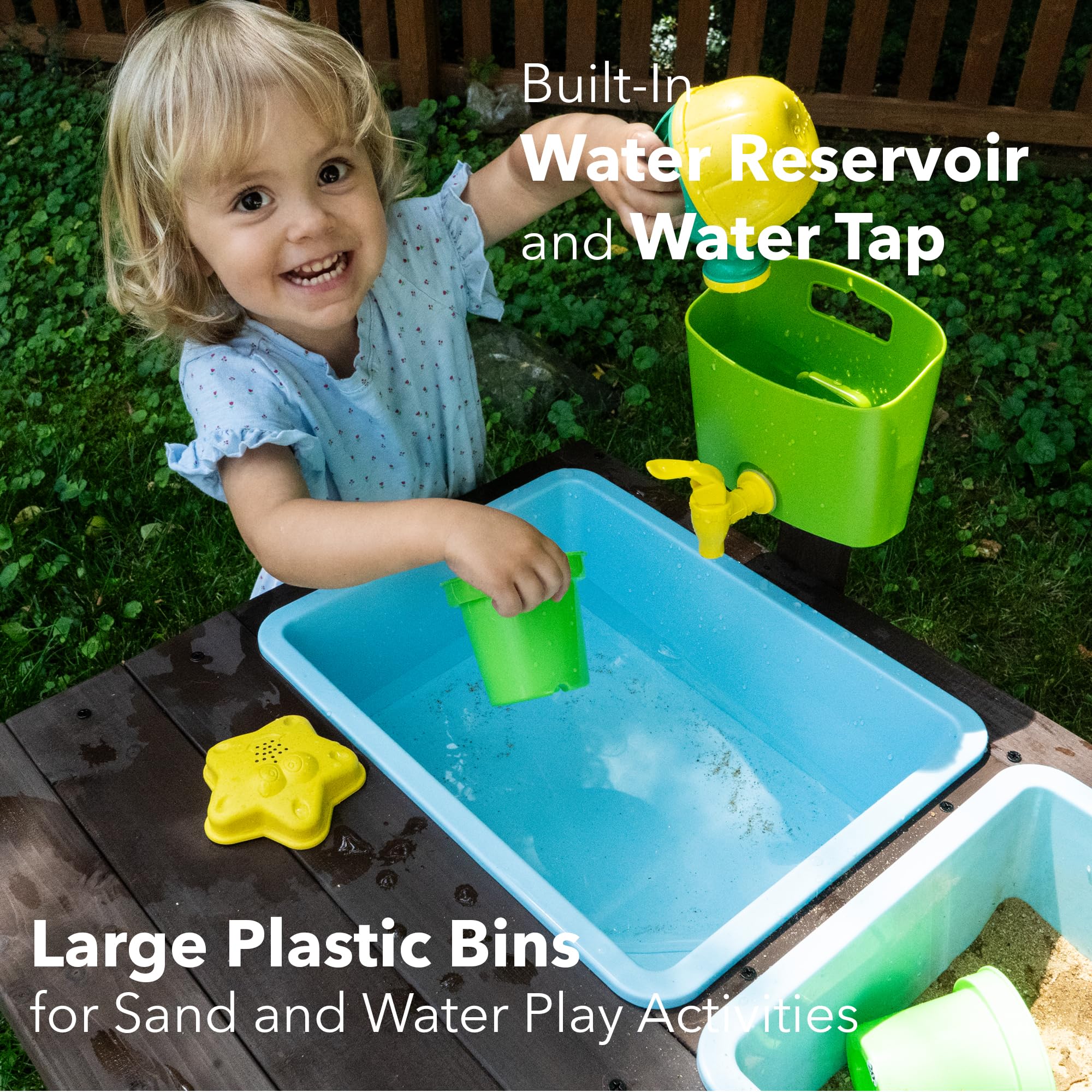 WONKAWOO Sand and Water Table for Toddlers | Outdoor Wooden Sensory Sand Table with 2 Plastic Bins, Built-in Water Tap and Beach Toys Included | Sand & Splash Oasis™ Standing Play Activity Table