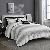 Wonderful Waffle Weave Comforter Set King, Striped Yarn-Dyed Textured Soft Breathable Reversible Cotton Comforter Set, 5 Piece White and Grey Fluffy Bedding Set with Pillow Shams, Decorative Pillows