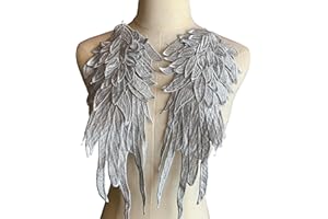 Heyiwell 1 Pair Sew on Angel Wings Lace Applique for Wedding,Dress Clothes Jeans DIY Accessory,Large Silver