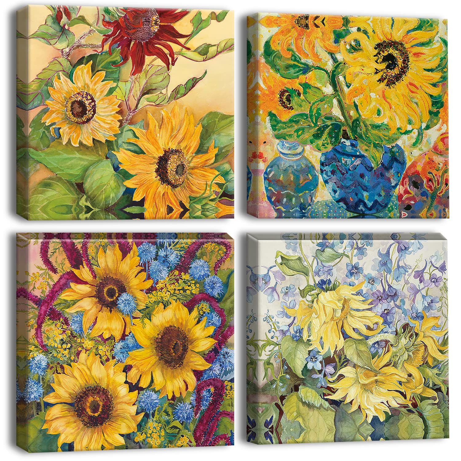 Artscope 4 Pieces Wall Art Canvas Prints - Sunflower Oil Painting Picture Painting - Modern Wall Artwork Framed for Gifts Bathroom Home Kitchen Office Decor - 30 x 30 CM