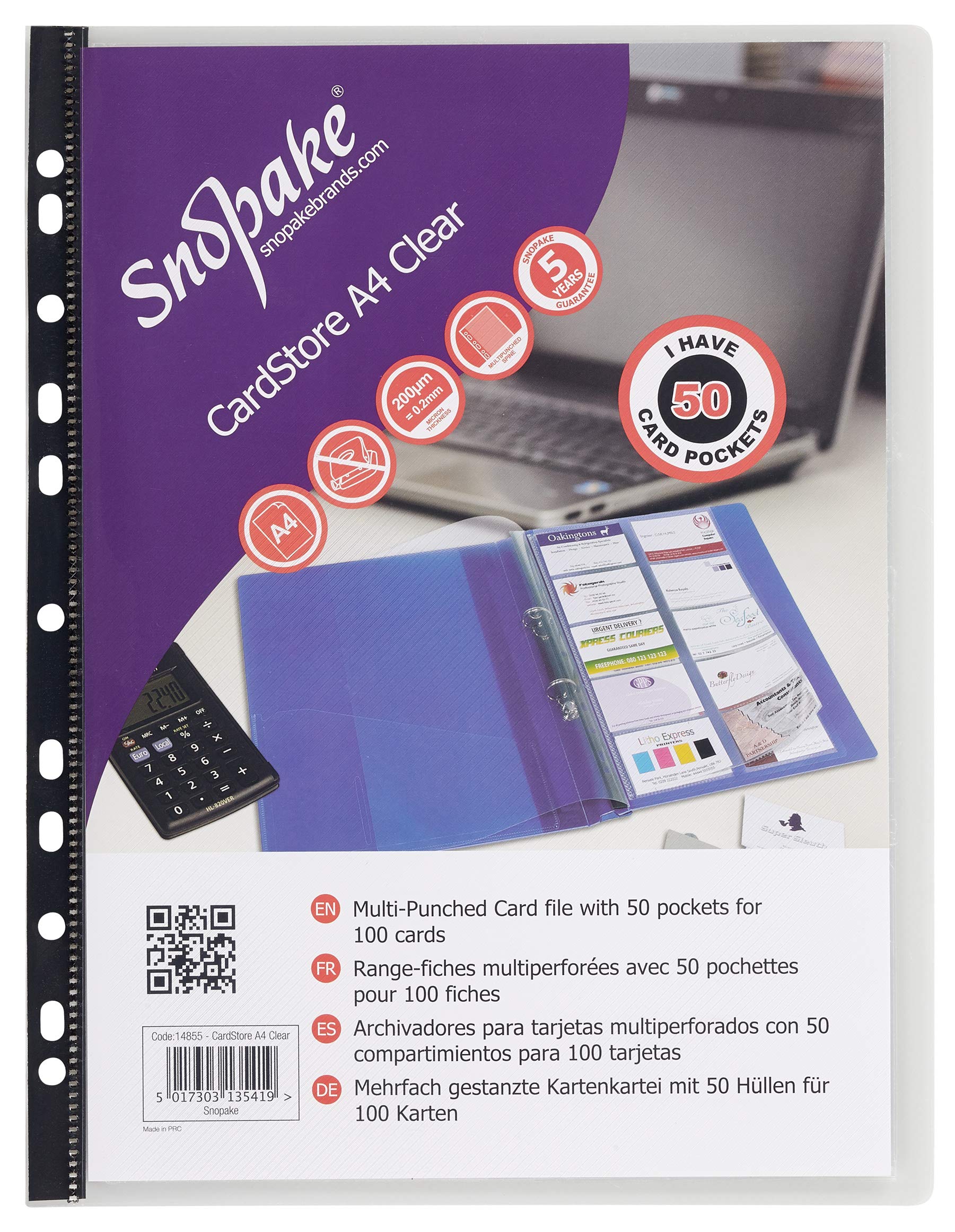 Snopake A4 RingBinder CardStore for 100 Business Cards – Clear [Pack of 5] Ref: 14855