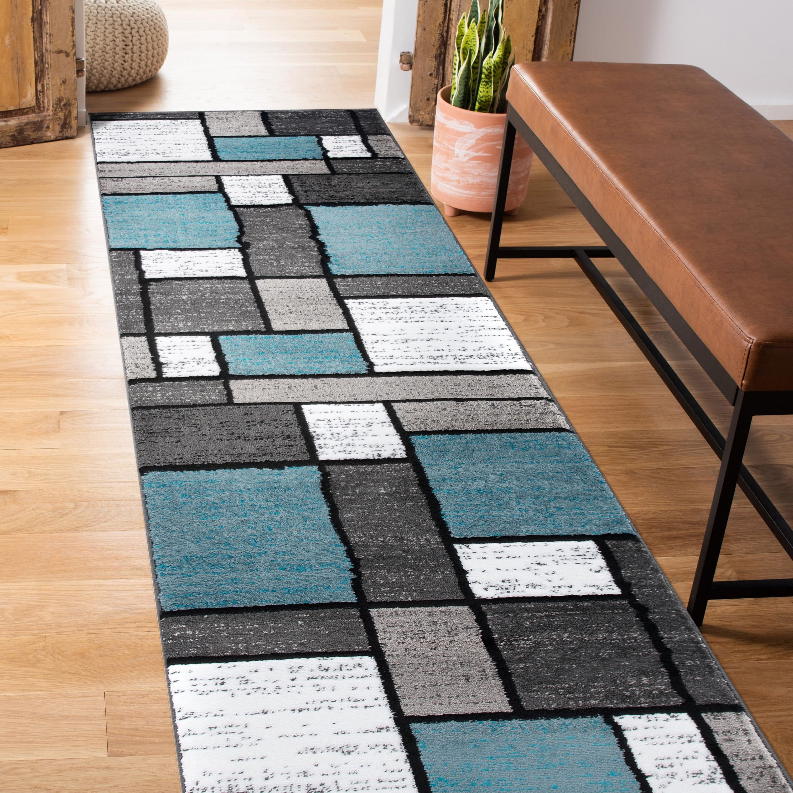 Rugshop Contemporary Modern Boxes for Home Office,Living Room,Bedroom,Kitchen Non Shedding Runner Rug 2' x 7'2" Blue/Gray Image