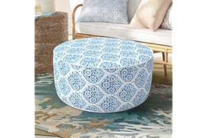 DYTXIII Inflatable Ottoman Stool D21 xH9 for Outdoor/Indoor Use, Water Repellent Patio Foot Rest Stool with Portable Handle,Round Pouf Ottoman Suitable for Garden,Deck and Camping - Celadon Geometric