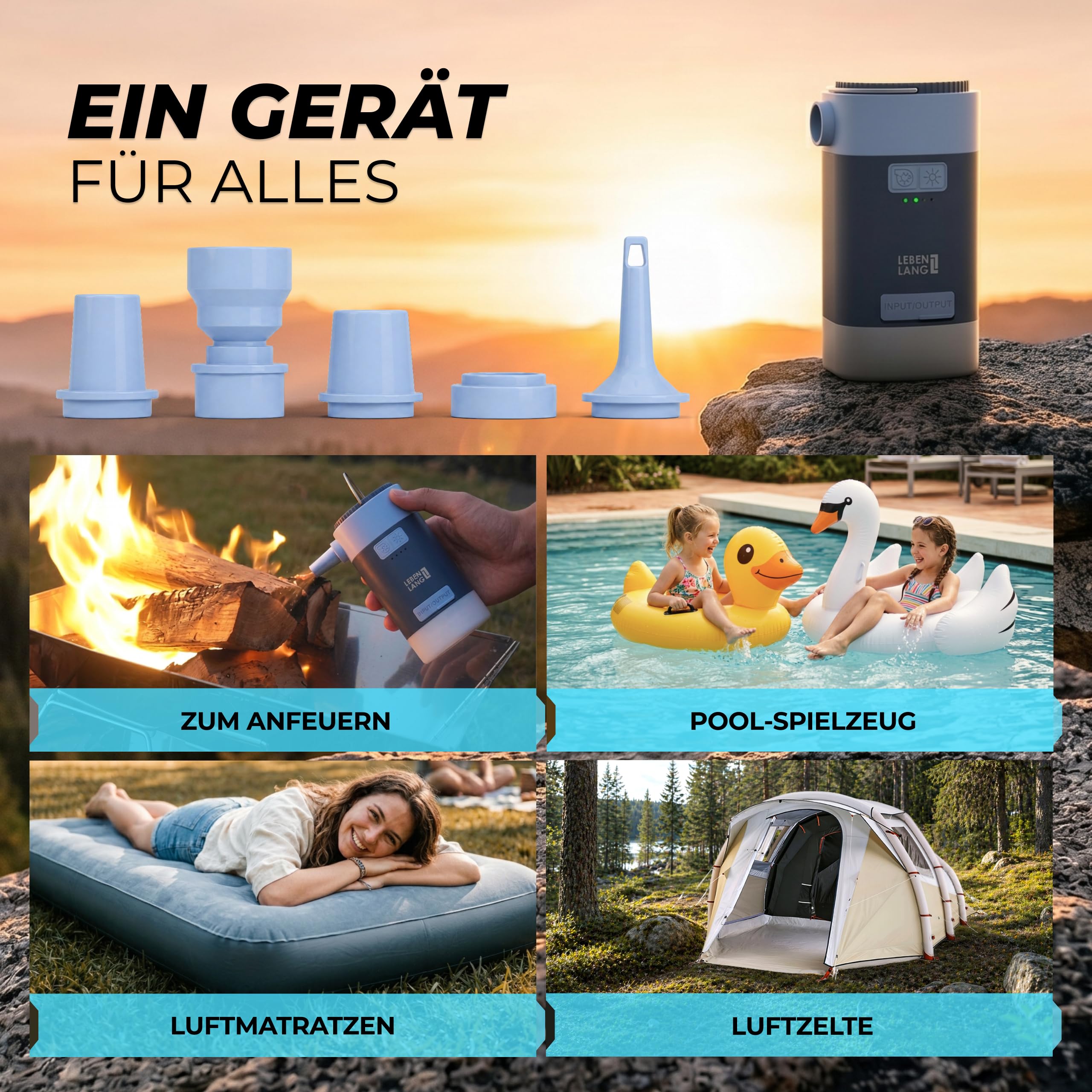 LEBENLANG 3 in 1 Elektro Luftpumpe Akku - 4,5kPa & 4000mAh mit Solarpanel 5