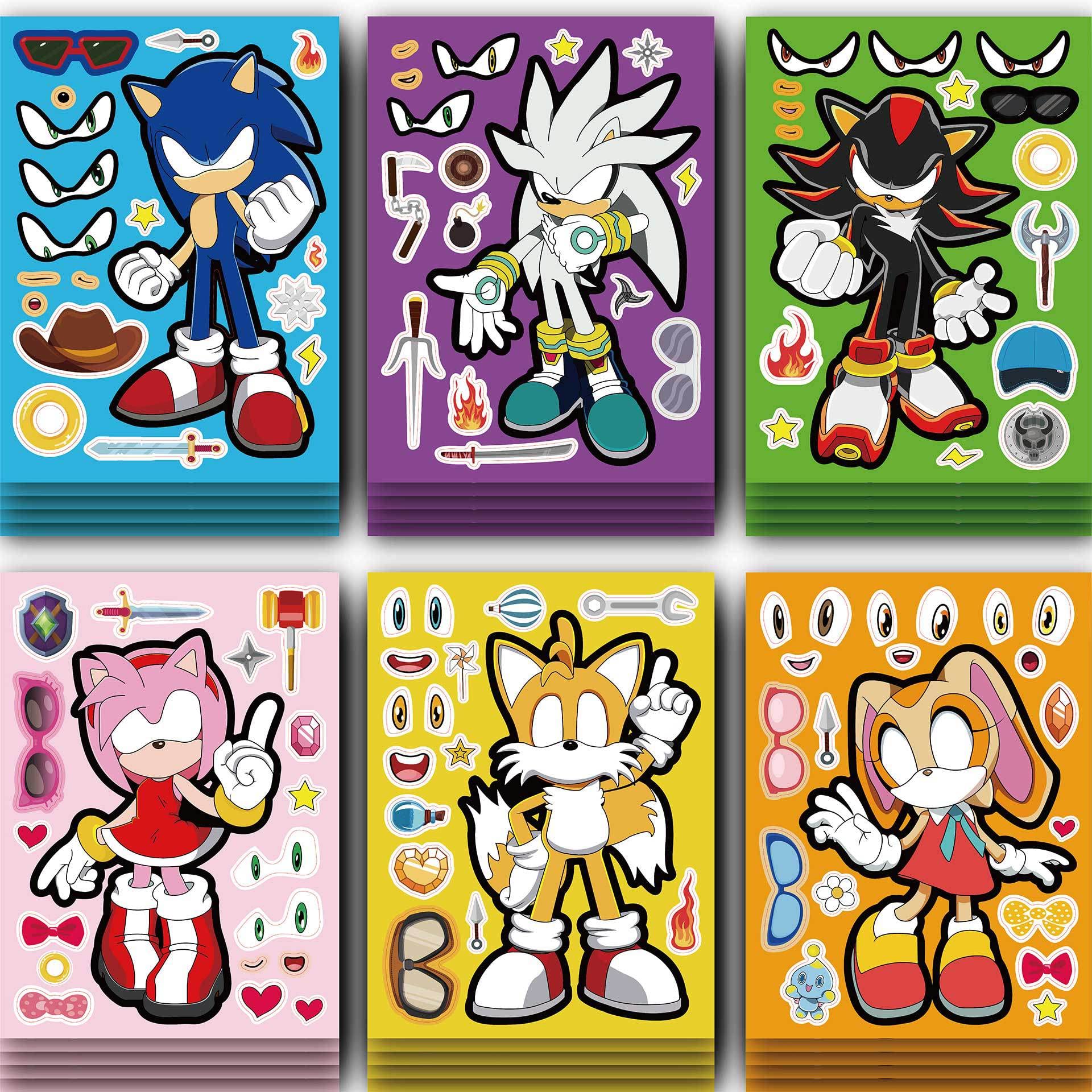 24 Pcs Sonic Face Stickers Sheets for Children Party Bags, Make Your Own Stickers Characters DIY Stickers for Kids Party Favor Supplies Craft