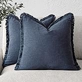 Foindtower Set of 2 Decorative Linen Fringe Throw Pillow Covers Cozy Boho Farmhouse Cushion Cover with Tassels Soft Accent Pillowcase for Couch Sofa Bed Living Room Home Decor,18×18 Inch,Navy Blue