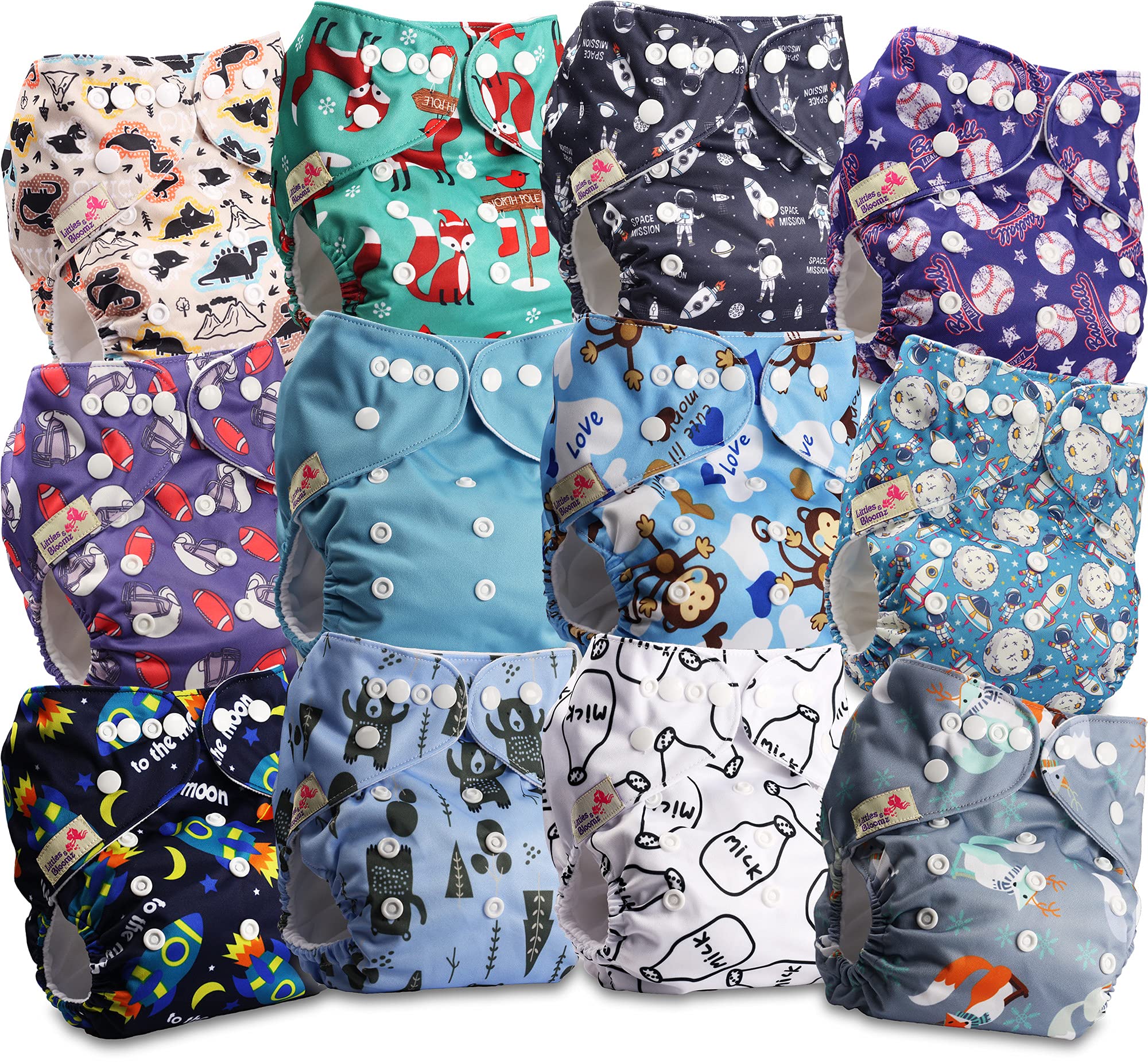 Littles and Bloomz Baby Reusable Pocket Nappy Cloth Diaper, Standard Popper, 12 Nappies, FLP2-1204