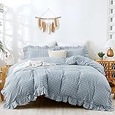 TOCOMOA Blue Gingham Duvet Cover Bedding Set 100% Washed Cotton Like Linen Texture Soft Breathable 3 Piece Plaid Checkered Cute Ruffle Comforter Cover Set (Queen 90"x90", Comforter Not Included)