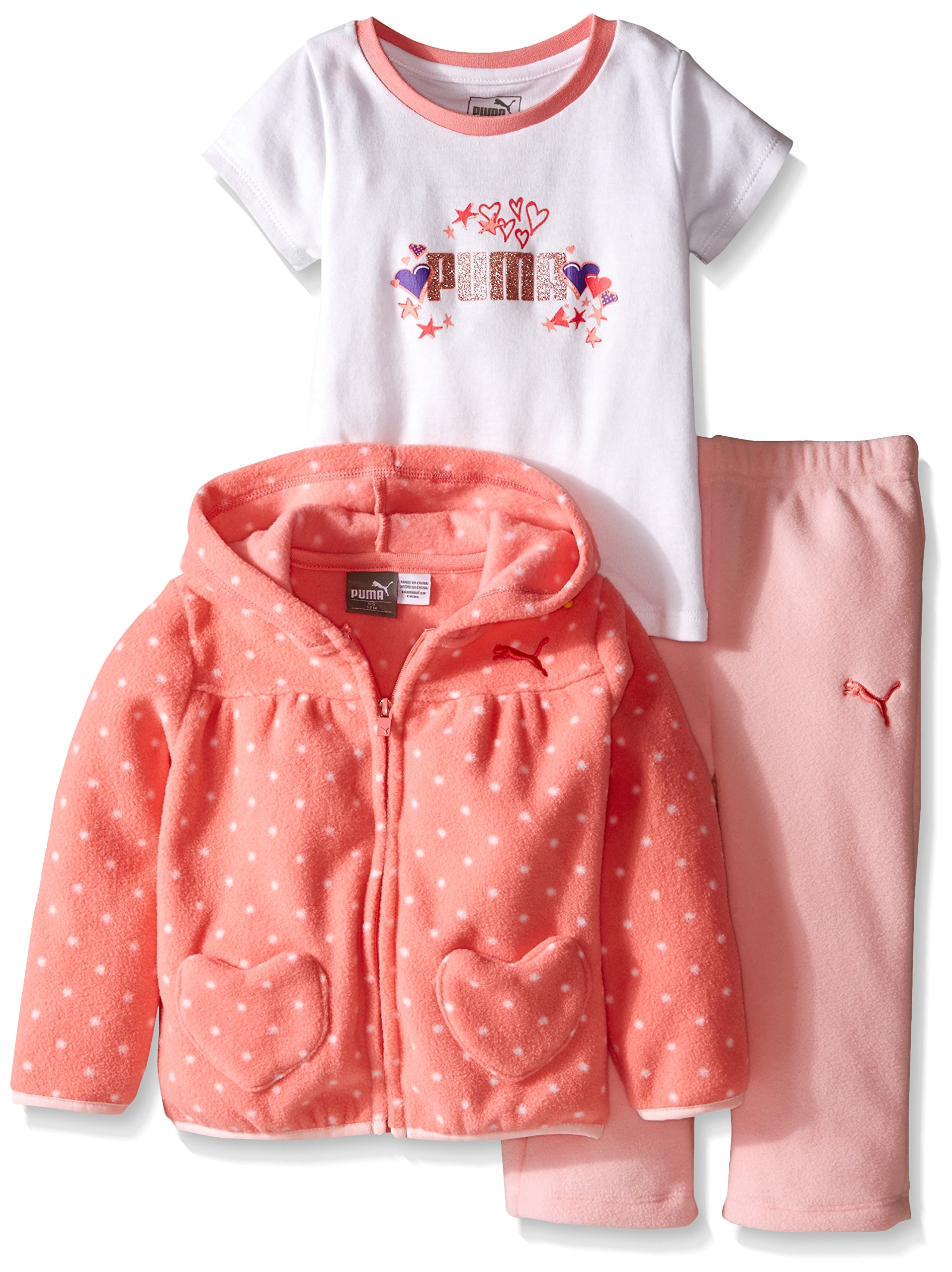 PUMA Baby-Girls 3-Piece Hooded Polka Dot Jacket Tee and Solid Pant
