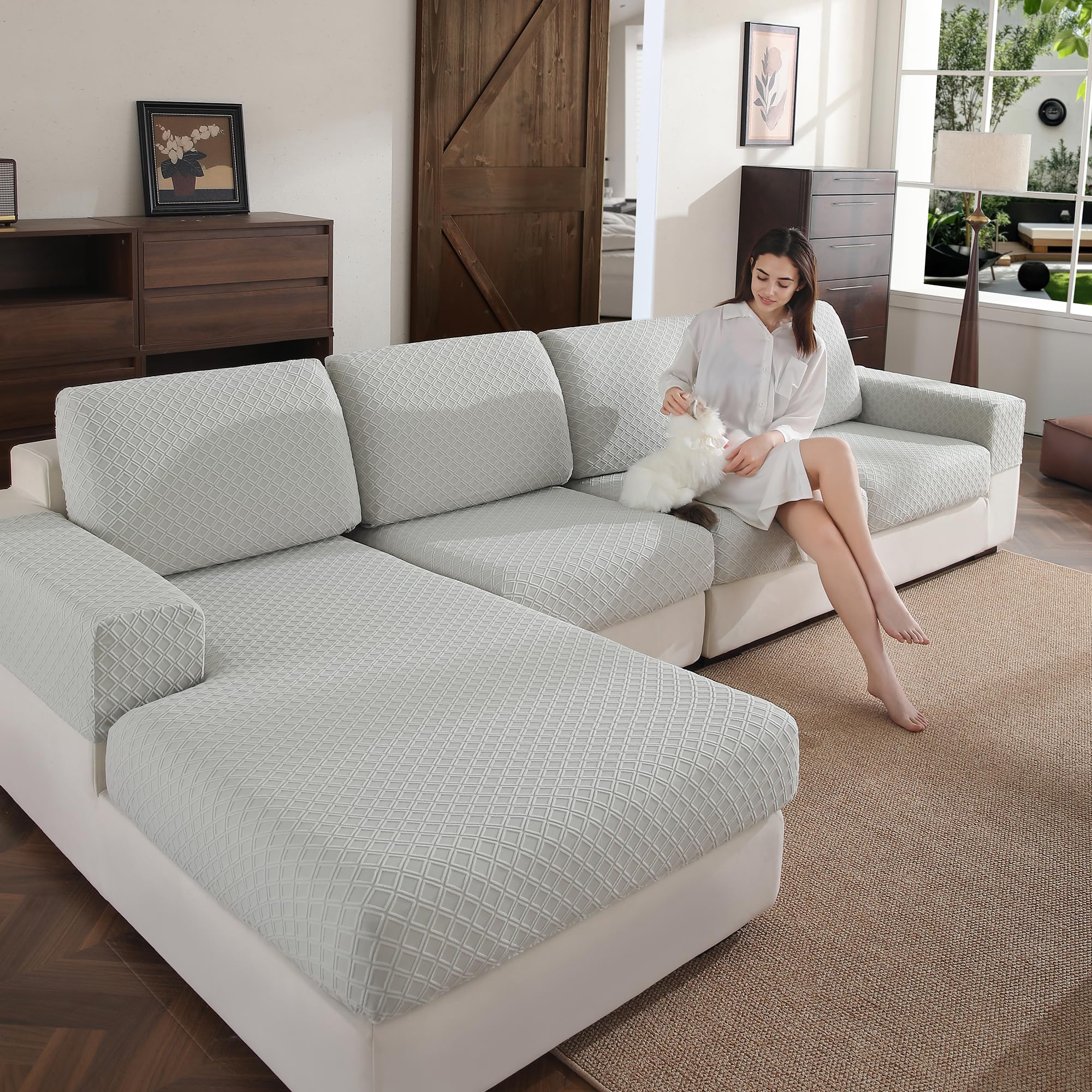Photo 1 of OHSIO Couch Cover, Stretch Sofa Cover, Soft Seat Cushion Covers Washable, Sectional L Shape Sofa Slipcover, Wear Stain Resistant Pet Friendly Furniture Protector for Home(1 Back Cover, Light Gray)