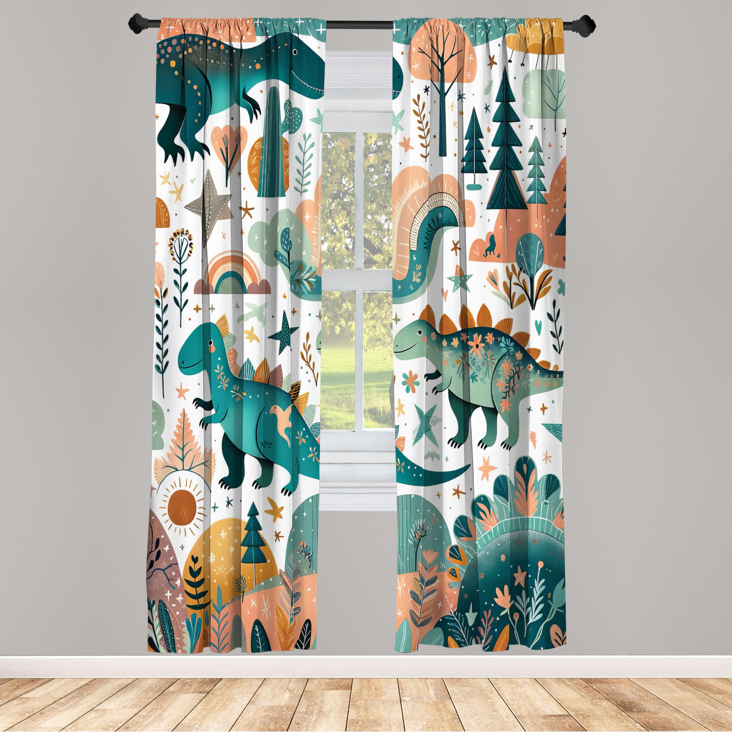 ABAKUHAUS Dinosaur Window Curtains Pack of 2, Scandi Cartoon Jurassic Animal Scene with Leaves Flowers in Woodland, Lightweight Set & Rod Pocket, 4 Panels of - 28" x 63", Petrol Blue Teal Salmon
