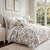 Levtex Home - Selesta Blue Quilt Set - Full/Queen Quilt and Two Standard Shams - Floral - Blue Taupe Grey - Quilt (88x92in.) and Shams (20x26in.) - Reversible - Cotton
