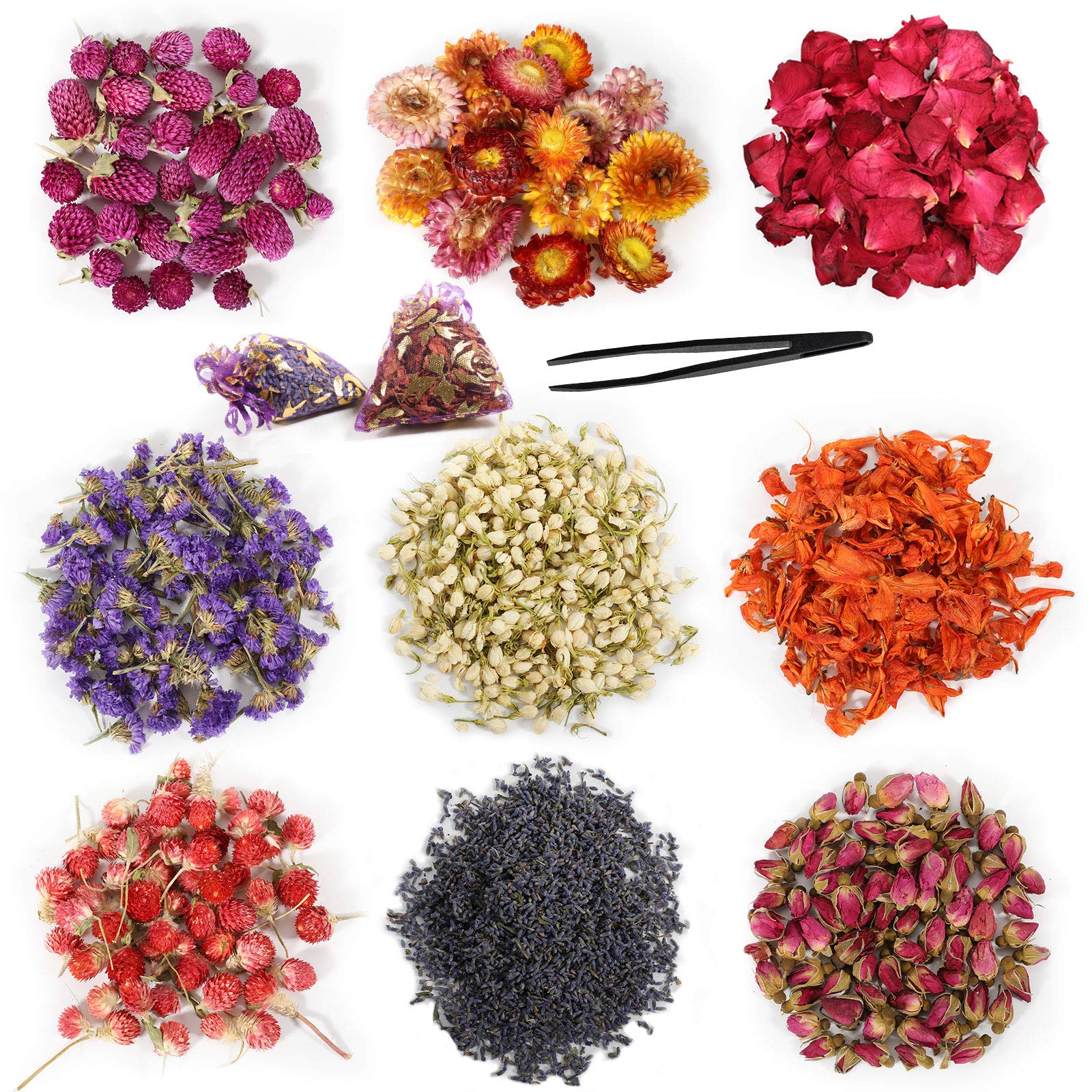 9 Big Bags Natural Dried Flowers Kit, Natural Dried Herbs with 2 Mesh Drawstring Bag for Soap,Candle,Resin Jewelry Making,Bath,Nail - Rose Petals,Lilium,Jasmine,Don't Forget Me and More(15g/ Bags)