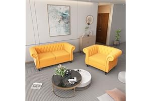 ORRD 2 Piece Living Room Set, Velvet Chesterfield Sofa Loveseat Couch Chair with Scroll Arms and Nailhead for Living Room, Office (Mango)