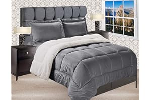 Elegant Comfort Premium Quality Heavy Weight Micromink Sherpa-Backing Reversible Down Alternative Micro-Suede 3-Piece Comforter Set, Queen, Grey