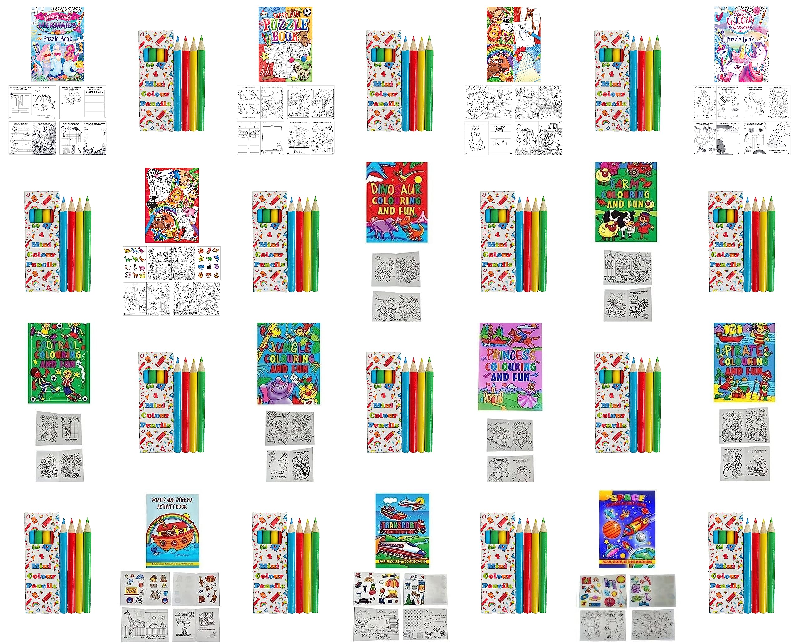Anila's Assortment of 14 Puzzle and Colouring Books with Stickers & 14 sets of Pencils.