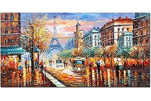 Alenoss Modern Oil Paintings 48x24 Inches Paris Eiffel Tower Landscape Large Canvas Wall Art Abstract Paintings for Living Room Bedroom Office Wall Decor Ready to Hang